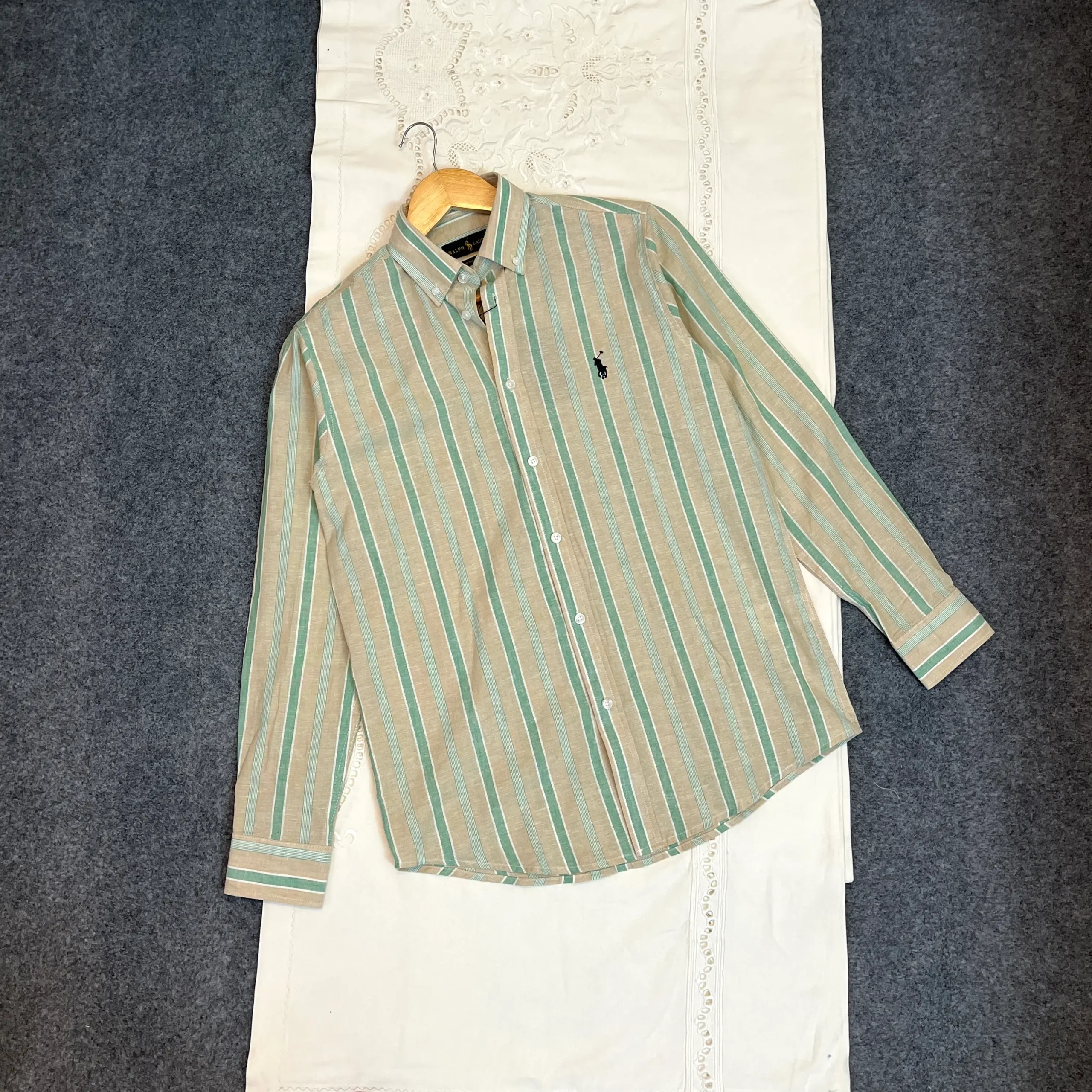 Mint Green with Beige Striped Shirt