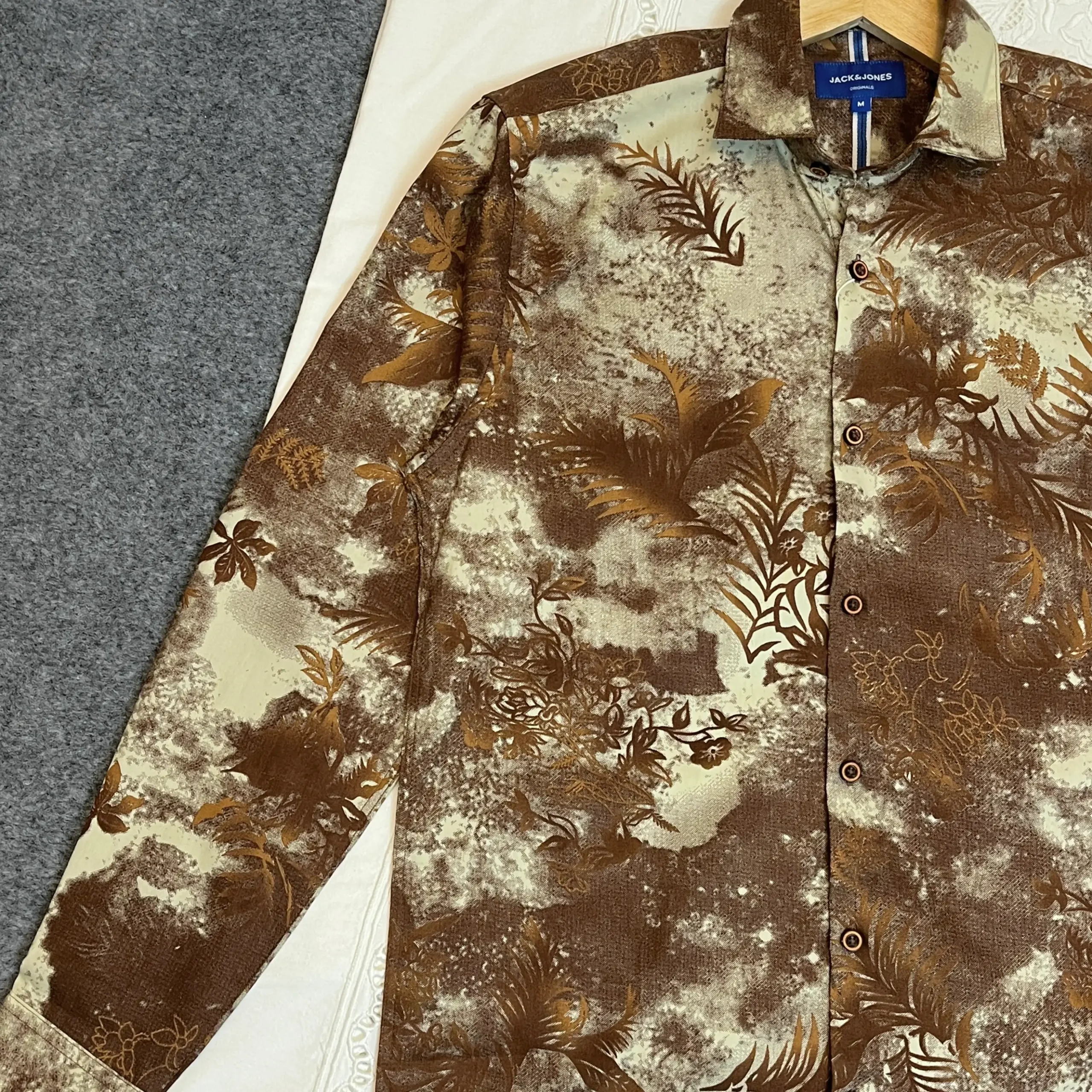 Beige with Brown Abstract Tropical Printed Shirt - Image 3