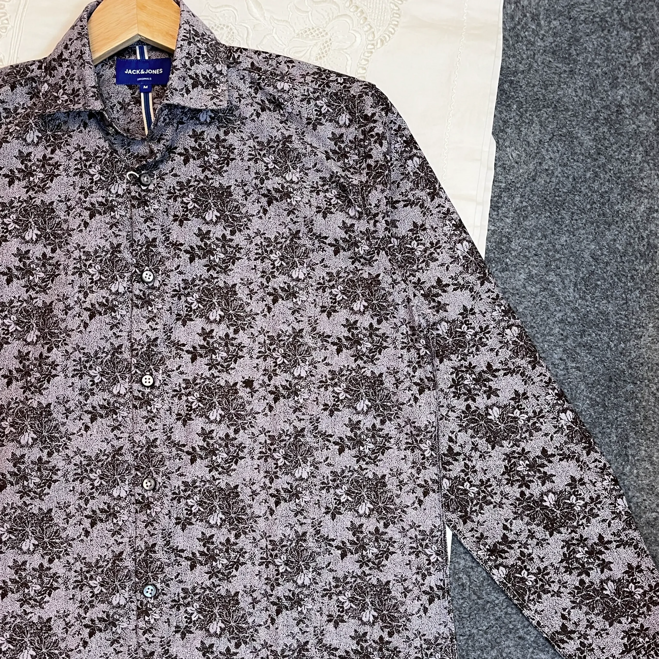 Grey with Dark Brown Floral Printed Shirt - Image 2